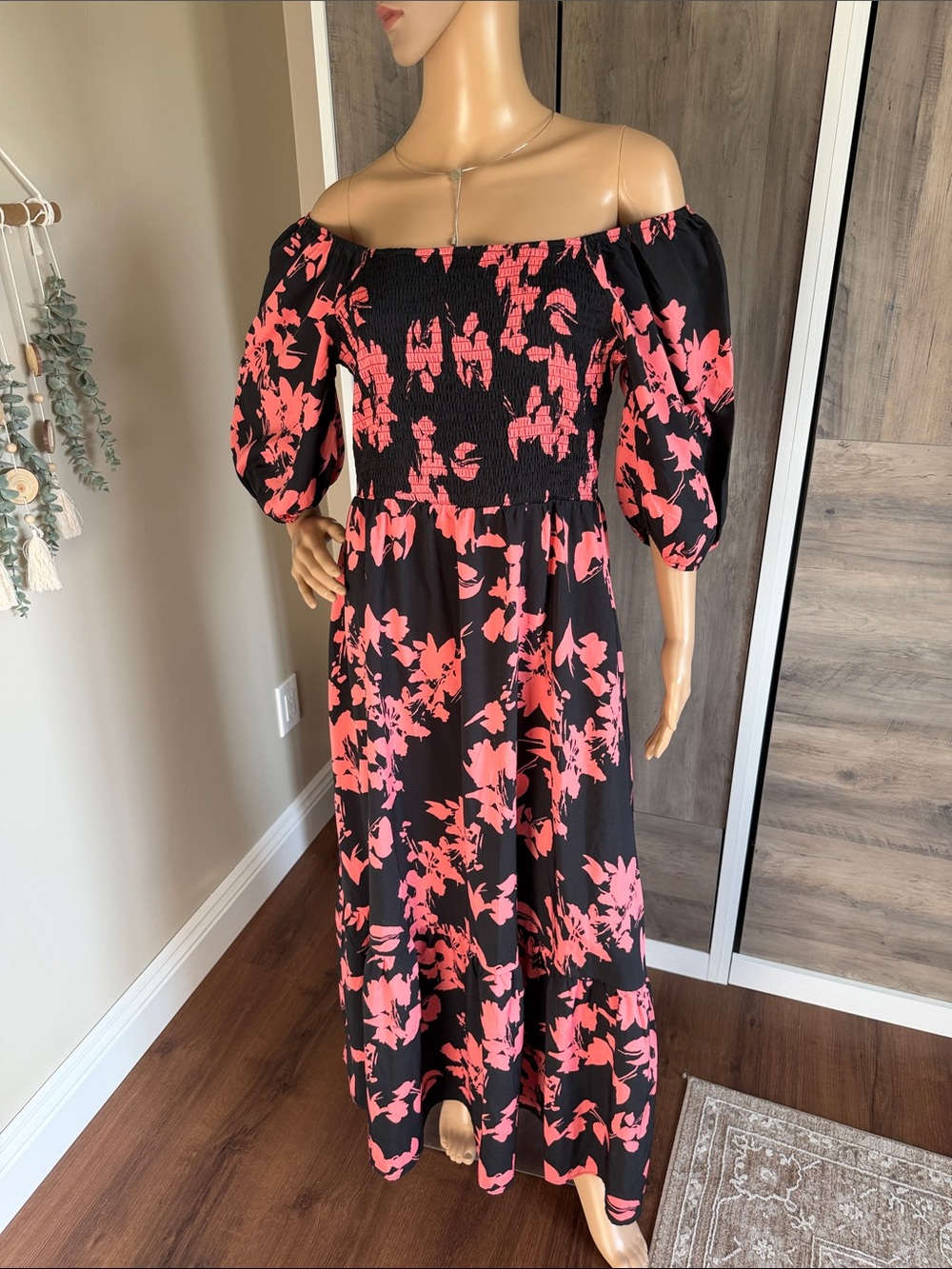 Off-Shoulder Black Maxi Dress with Pink Floral Print